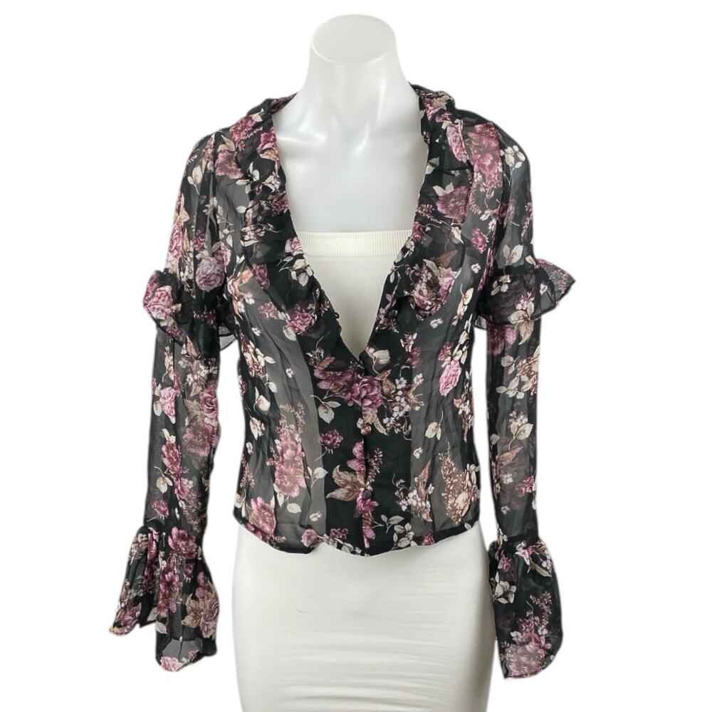 NEW Nasty Gal Black Floral Long Bell Sleeve Sheer Mesh V Neck Blouse Top Size 0 - Picture 2 of 7